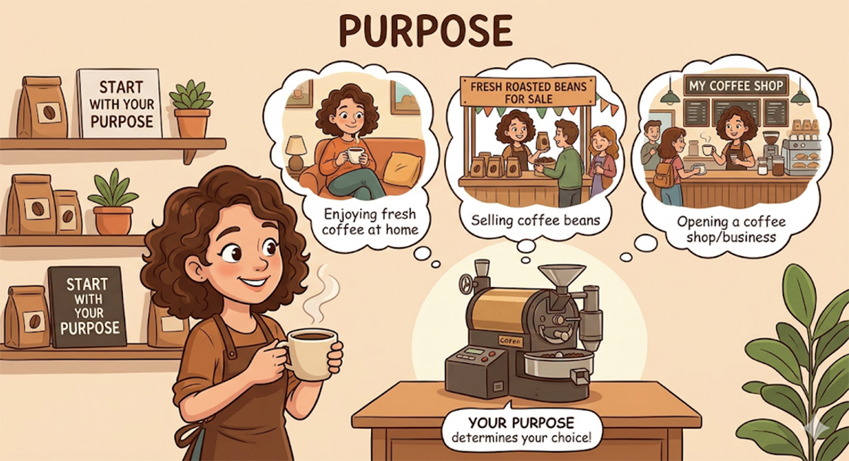 2026 烘豆機購買指南：釐清烘豆目的（居家體驗、賣豆、開店）的視覺流程圖