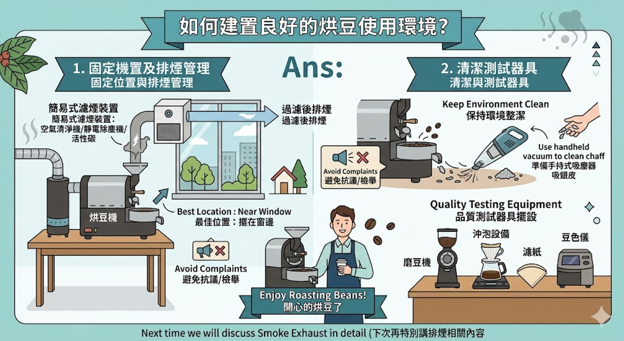 烘豆環境建置指南：包含排煙過濾系統、窗邊擺放位置與銀皮清潔工具圖解